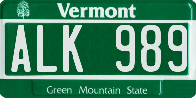 VT license plate ALK989