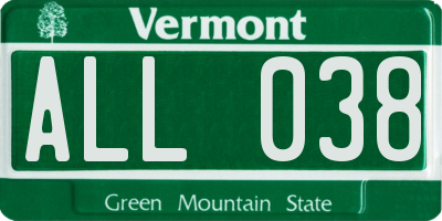 VT license plate ALL038