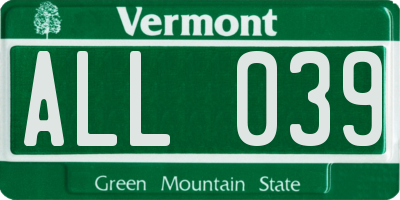 VT license plate ALL039