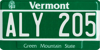 VT license plate ALY205