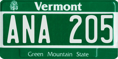 VT license plate ANA205