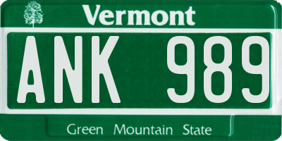 VT license plate ANK989