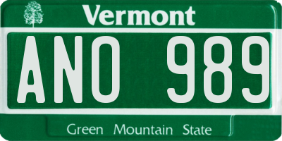 VT license plate ANO989