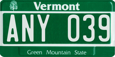VT license plate ANY039