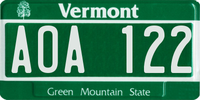 VT license plate AOA122