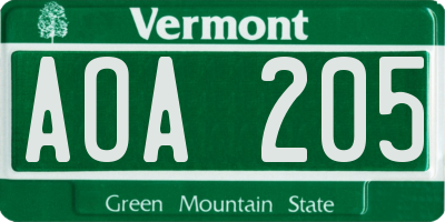 VT license plate AOA205