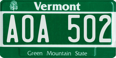 VT license plate AOA502