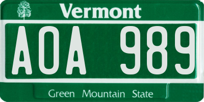 VT license plate AOA989