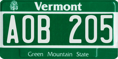 VT license plate AOB205
