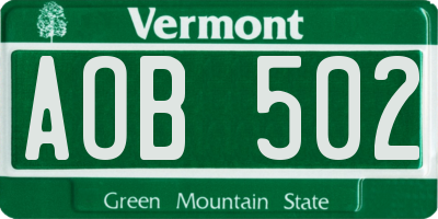 VT license plate AOB502