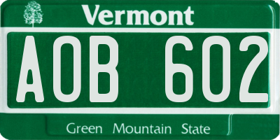 VT license plate AOB602