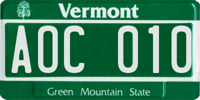 VT license plate AOC010