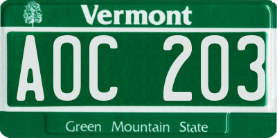 VT license plate AOC203