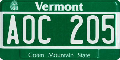 VT license plate AOC205