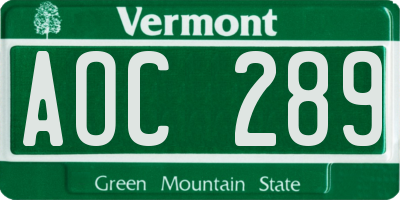 VT license plate AOC289