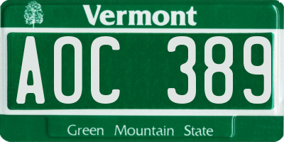 VT license plate AOC389