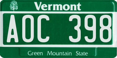 VT license plate AOC398