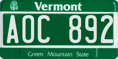 VT license plate AOC892