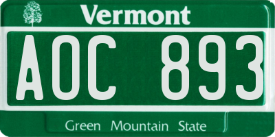 VT license plate AOC893