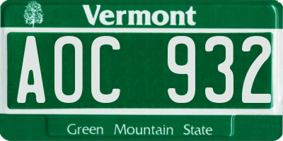 VT license plate AOC932