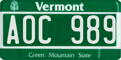 VT license plate AOC989