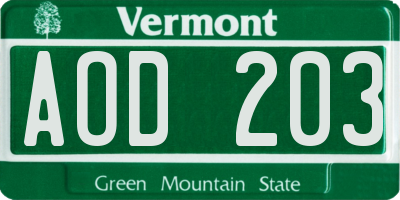 VT license plate AOD203
