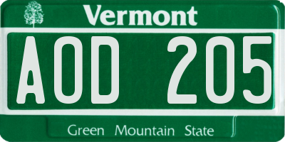 VT license plate AOD205