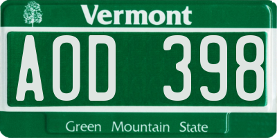 VT license plate AOD398