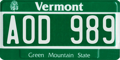 VT license plate AOD989