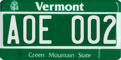 VT license plate AOE002