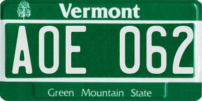 VT license plate AOE062