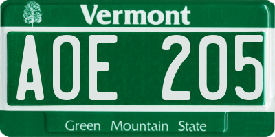 VT license plate AOE205