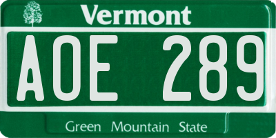 VT license plate AOE289