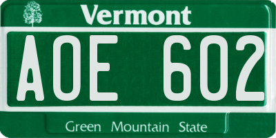 VT license plate AOE602