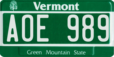 VT license plate AOE989