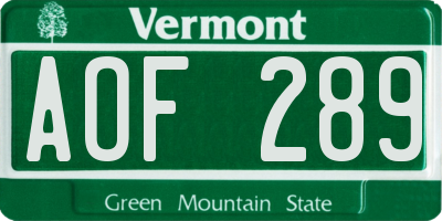 VT license plate AOF289