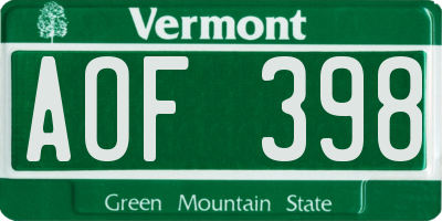 VT license plate AOF398