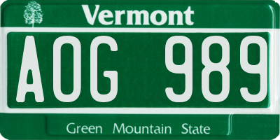 VT license plate AOG989