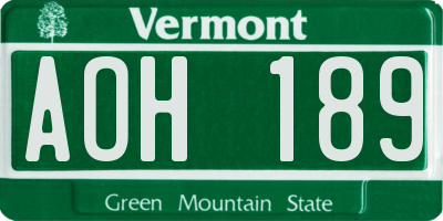 VT license plate AOH189