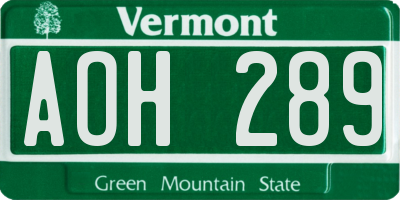 VT license plate AOH289