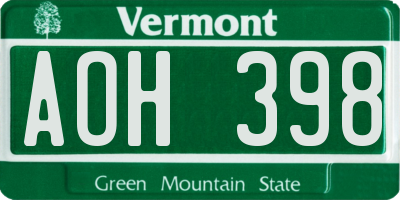VT license plate AOH398