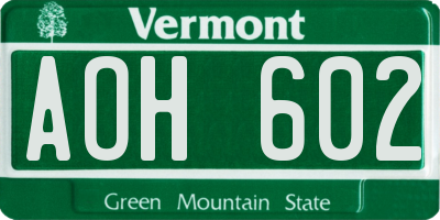VT license plate AOH602