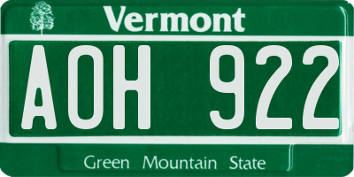 VT license plate AOH922