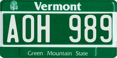 VT license plate AOH989