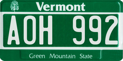 VT license plate AOH992