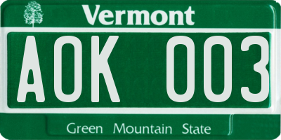 VT license plate AOK003