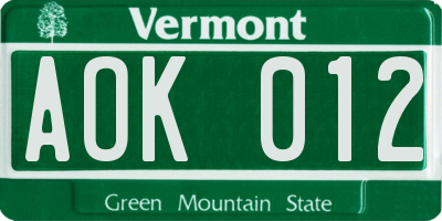 VT license plate AOK012
