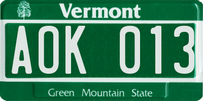 VT license plate AOK013