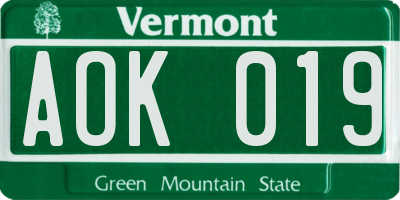 VT license plate AOK019