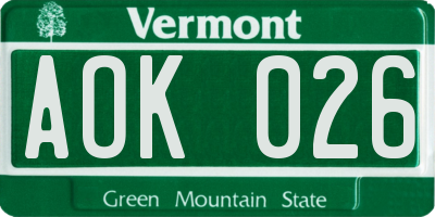VT license plate AOK026